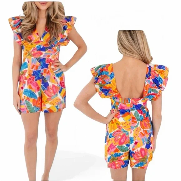 Vibrant Floral Flutter-Sleeve Romper - Orange Multi - Picture 1 of 16